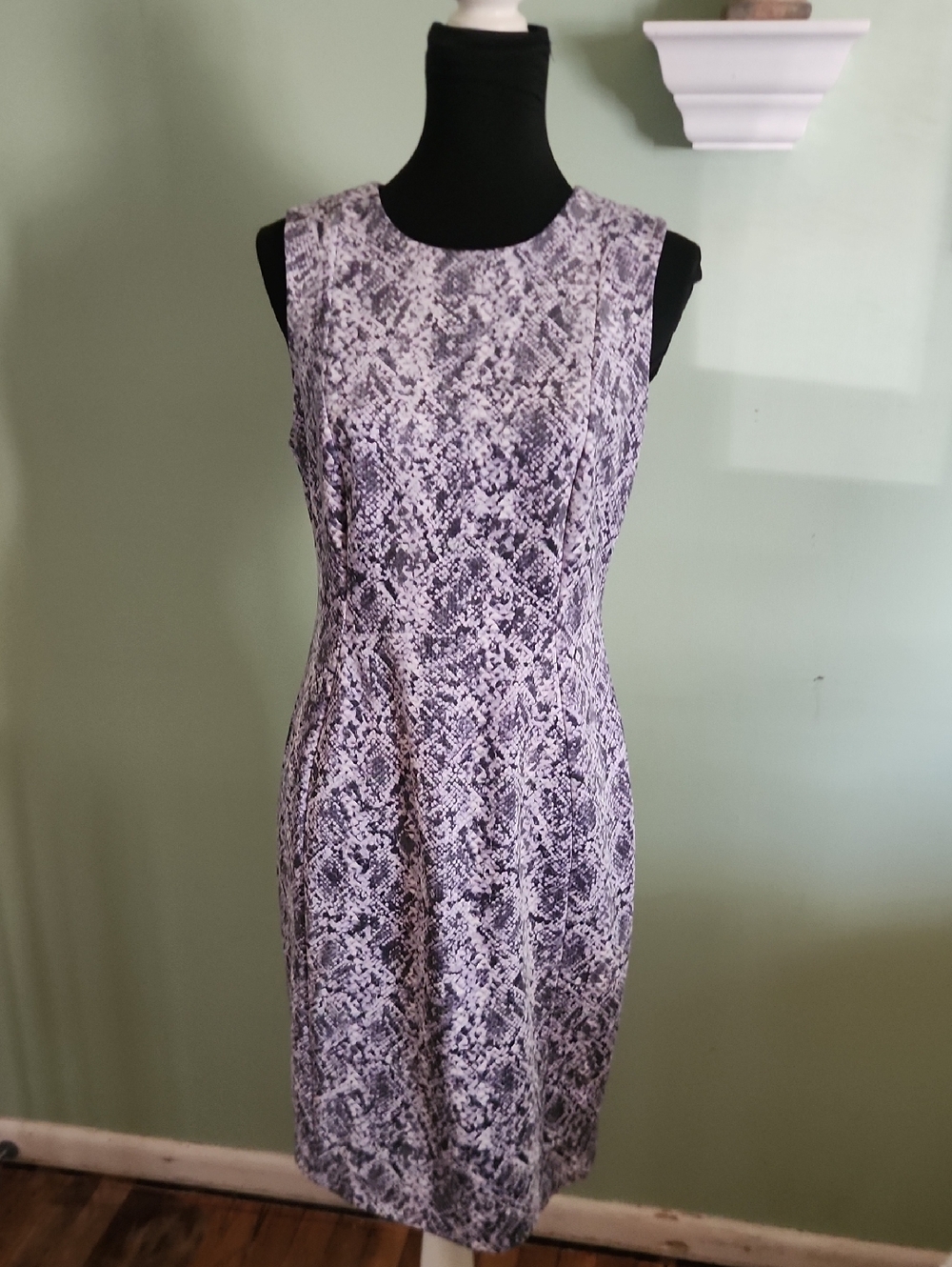 Calvin Klein Gray and White Snake-Print Midi Sheath Dress